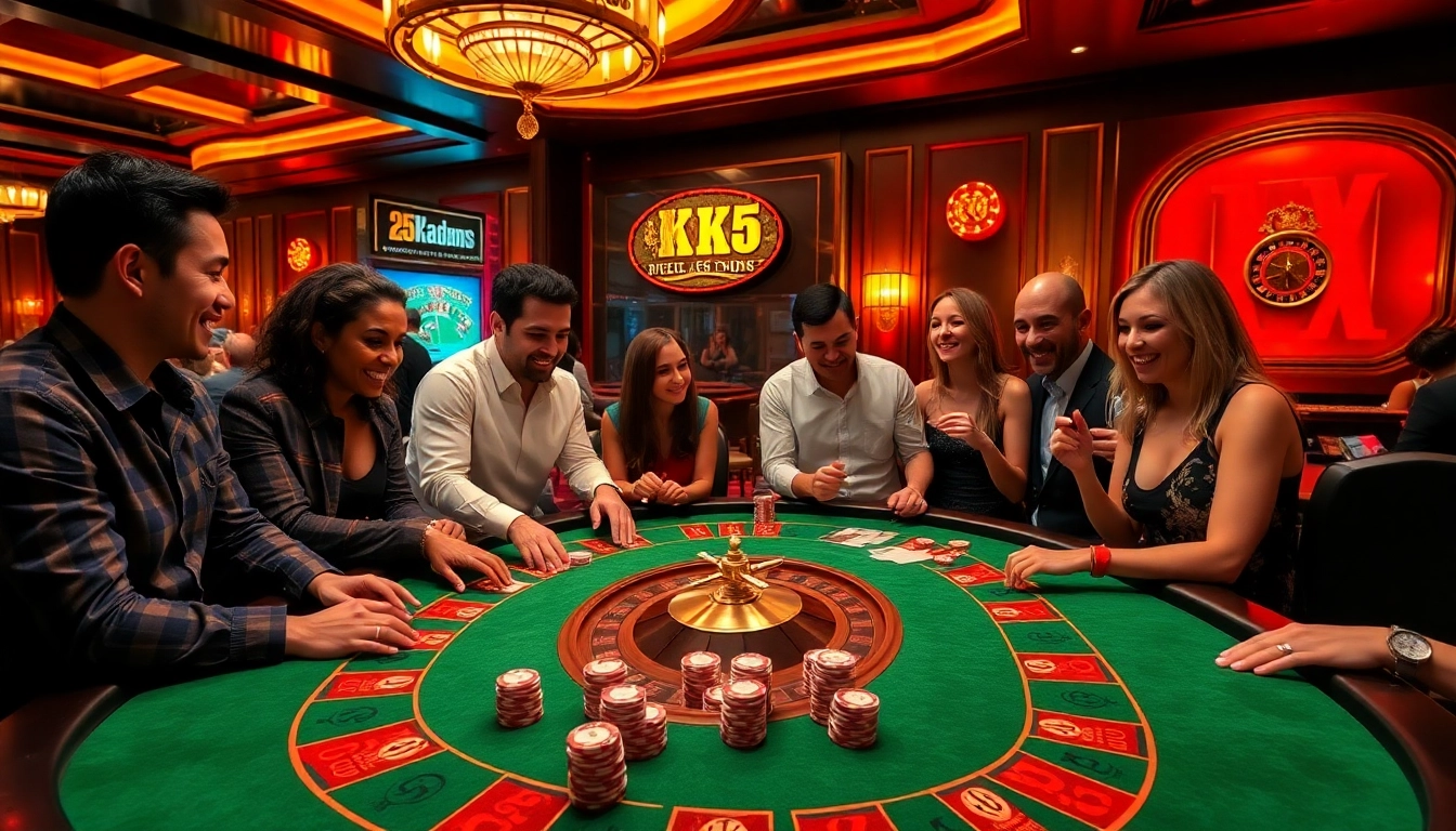 Gamblers enjoying an exciting game at a luxury casino with elements symbolizing KK55, including poker chips and cards.