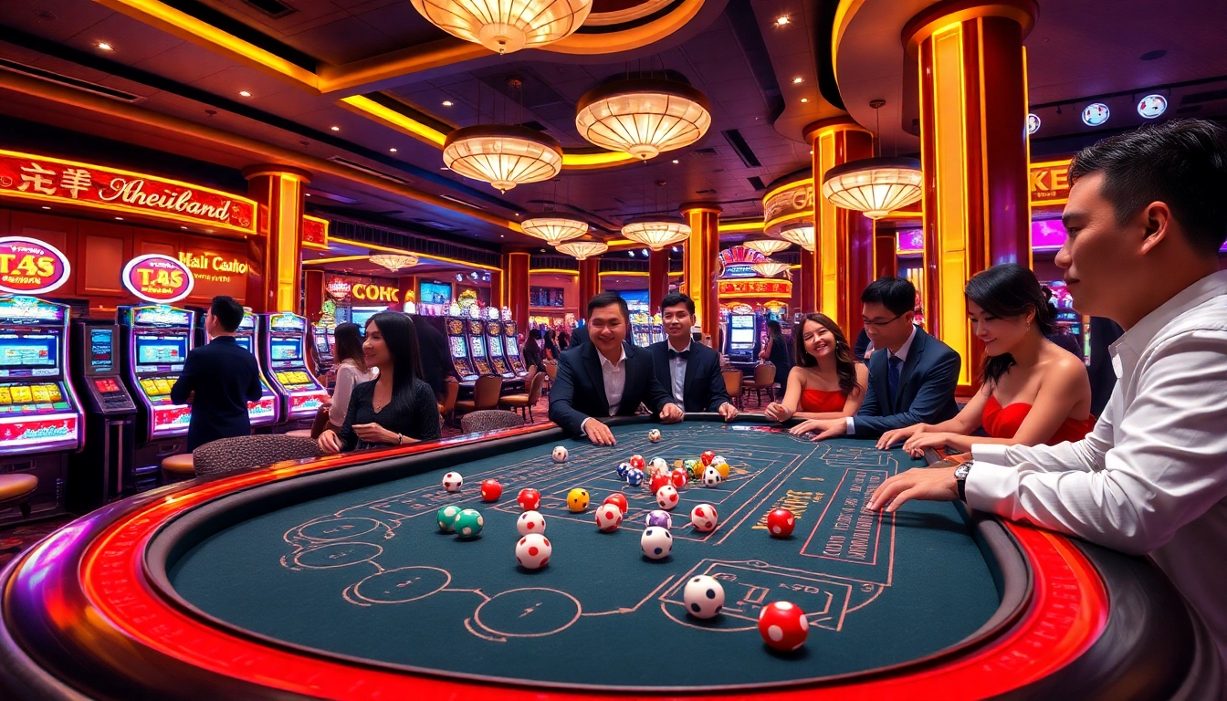 Tài Xỉu MD5 game table with vibrant dice and players enjoying a thrilling experience in a luxurious casino setting.