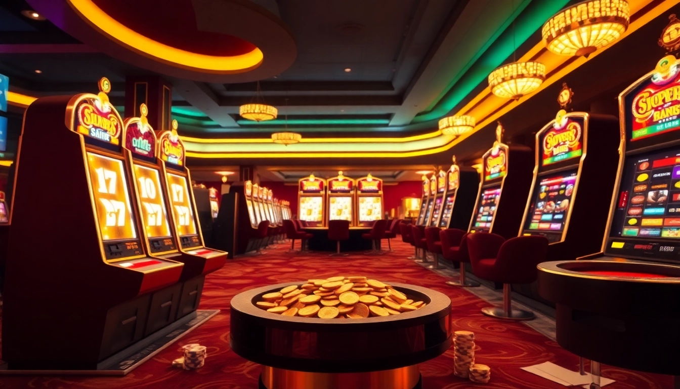 Adegan menarik di sebuah kasino yang hidup menampilkan peluang deposit slot 1000 dengan mesin-mesin berwarna-warni dan chip poker.