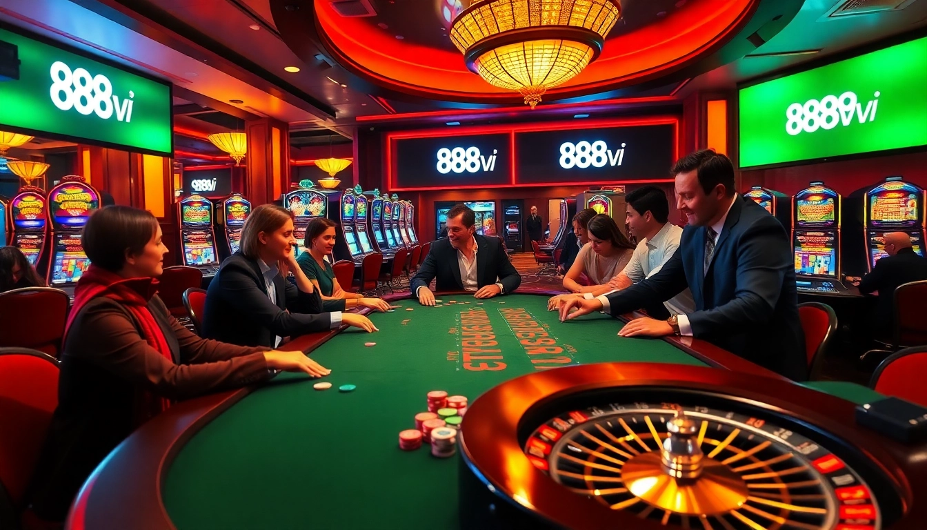 Experience the thrill of gaming at 888vi’s professional casino, showcasing poker tables and slot machines.
