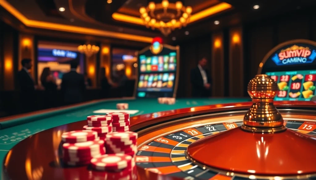 Engaging online gambling scene featuring https://sumvip.mom/ with vibrant poker chips and a modern roulette wheel.