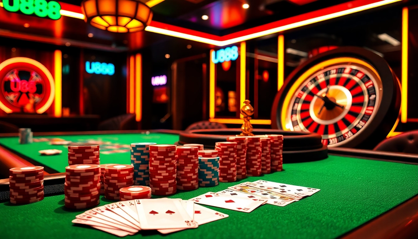 Experience the excitement of u888 at a luxurious casino table with vibrant lights and poker chips.