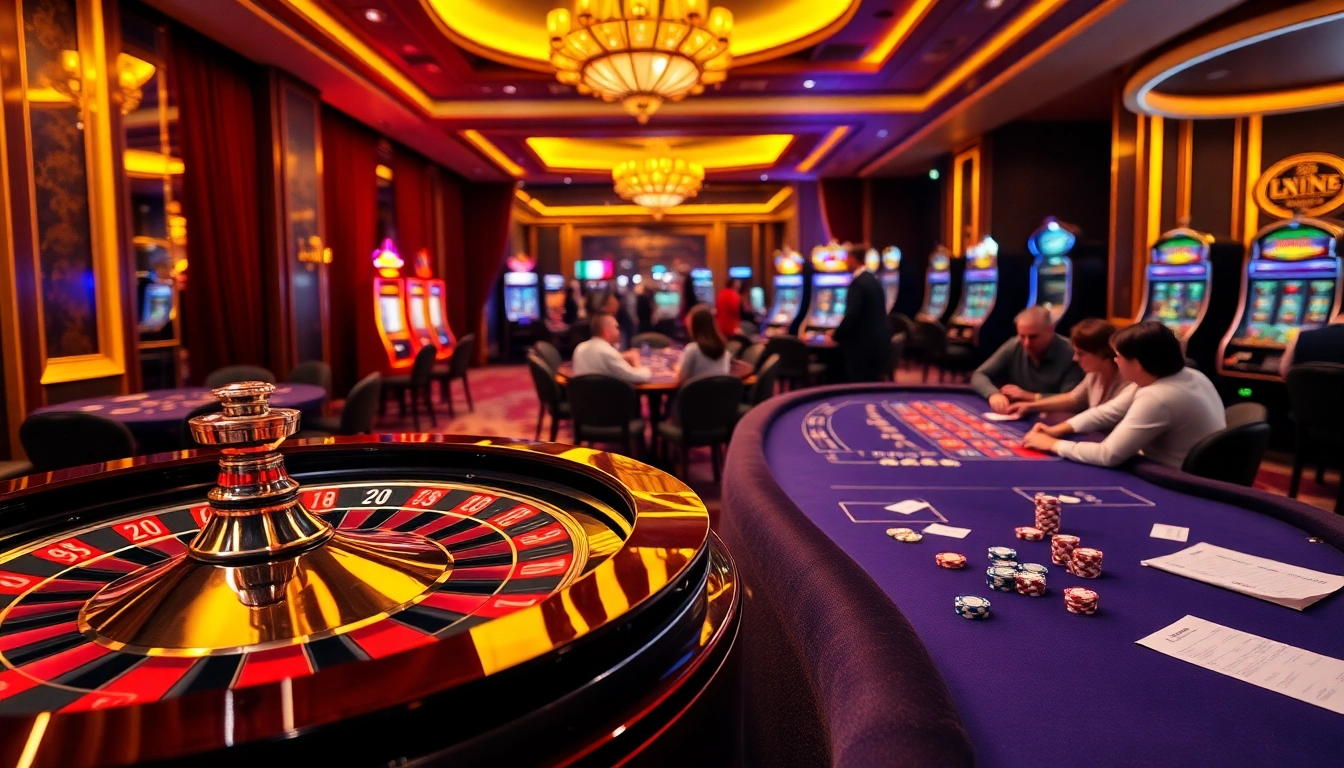 A high-stakes gaming scene at xin88 casino, featuring poker tables, roulette, and vibrant slot machines.