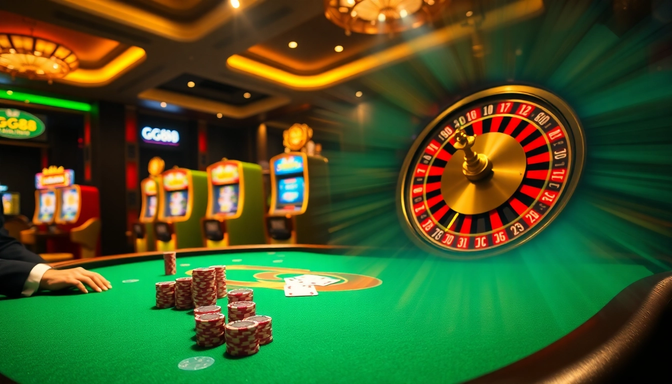 Experience the excitement of GG88 at a luxurious casino table with vibrant poker chips and cards.