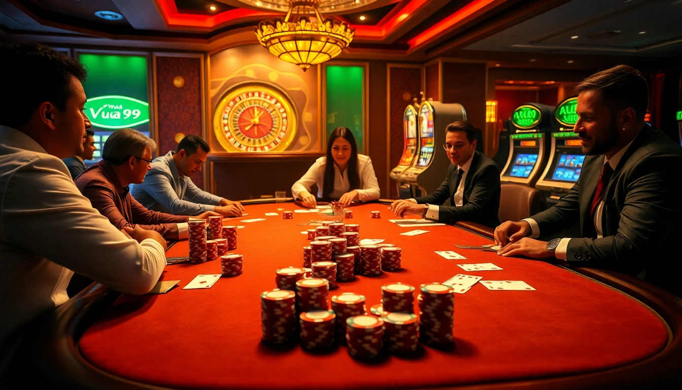 Players enjoying a thrilling game at the Vua99 casino table with poker chips and cards.