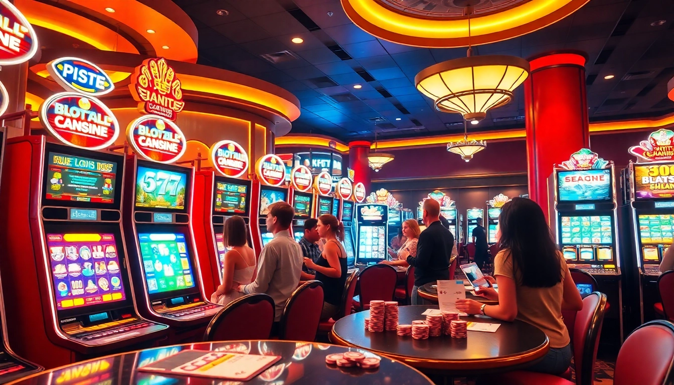 Players enjoying high-stakes action at slot777 machines in a luxurious casino.