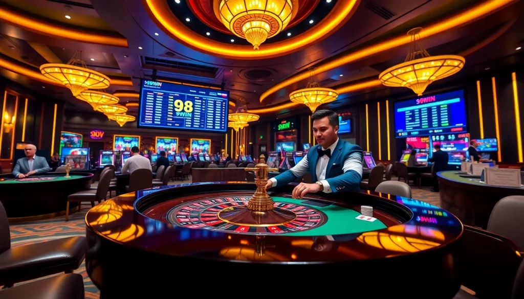 Experience thrilling gameplay at 98WIN casino with vibrant roulette tables and professional dealers.