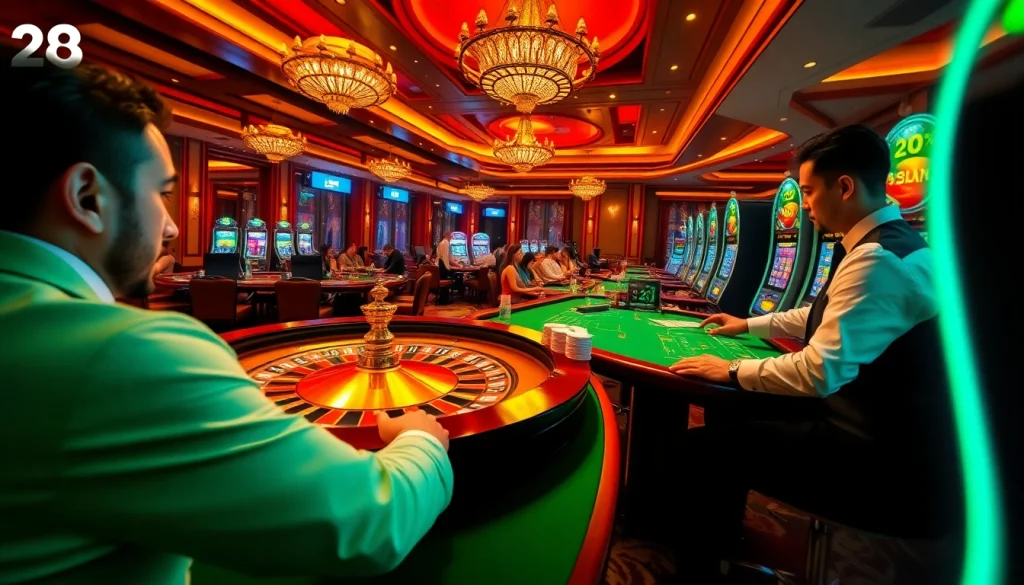 Players enjoying a thrilling game experience at 28bet casino, featuring roulette and vibrant slot machines.