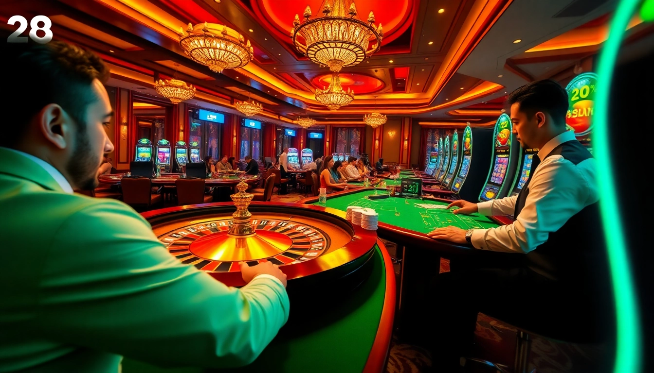Players enjoying a thrilling game experience at 28bet casino, featuring roulette and vibrant slot machines.