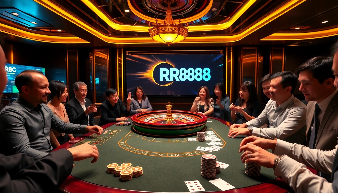 RR88 casino table with players enjoying various games in a luxurious setting