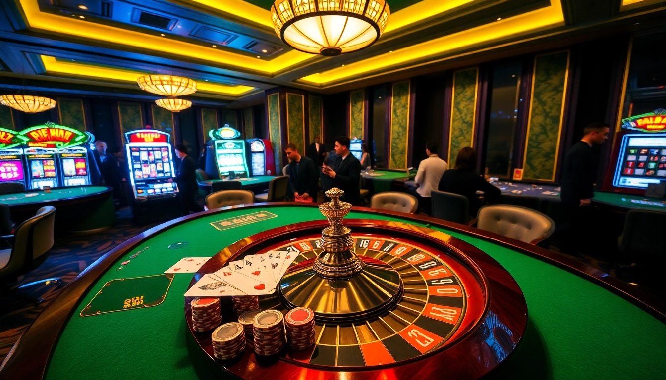 Players enjoying go8 asia-themed poker and roulette at a luxurious casino.