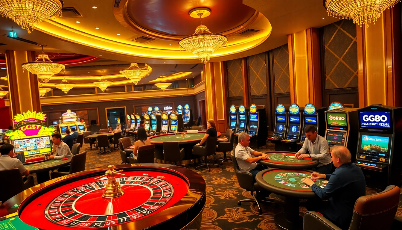 Exciting scene of players at GG88 casino tables with roulette wheel and poker action.
