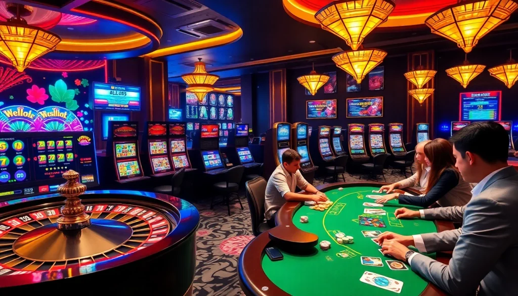 Experience the excitement of iboslot with colorful slot machines and vibrant casino tables.