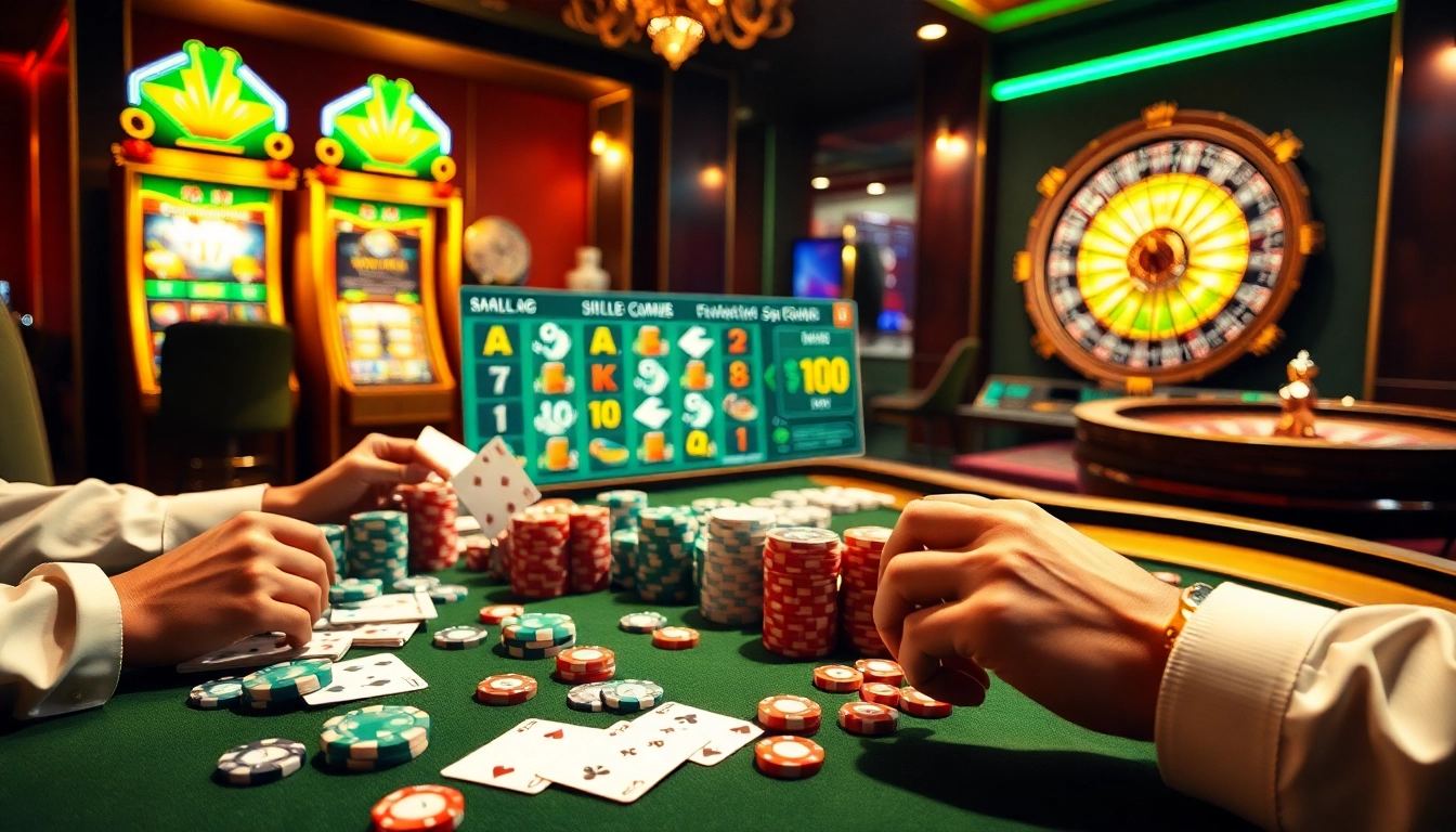 Experience game bài excitement with vibrant poker chips, cards, and a roulette wheel in a lively casino setting.