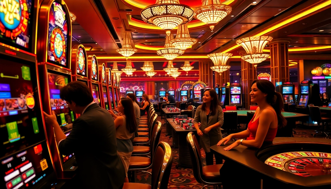 Experience the thrill of kuwin gaming with players enjoying vibrant slot machines in a luxurious casino.