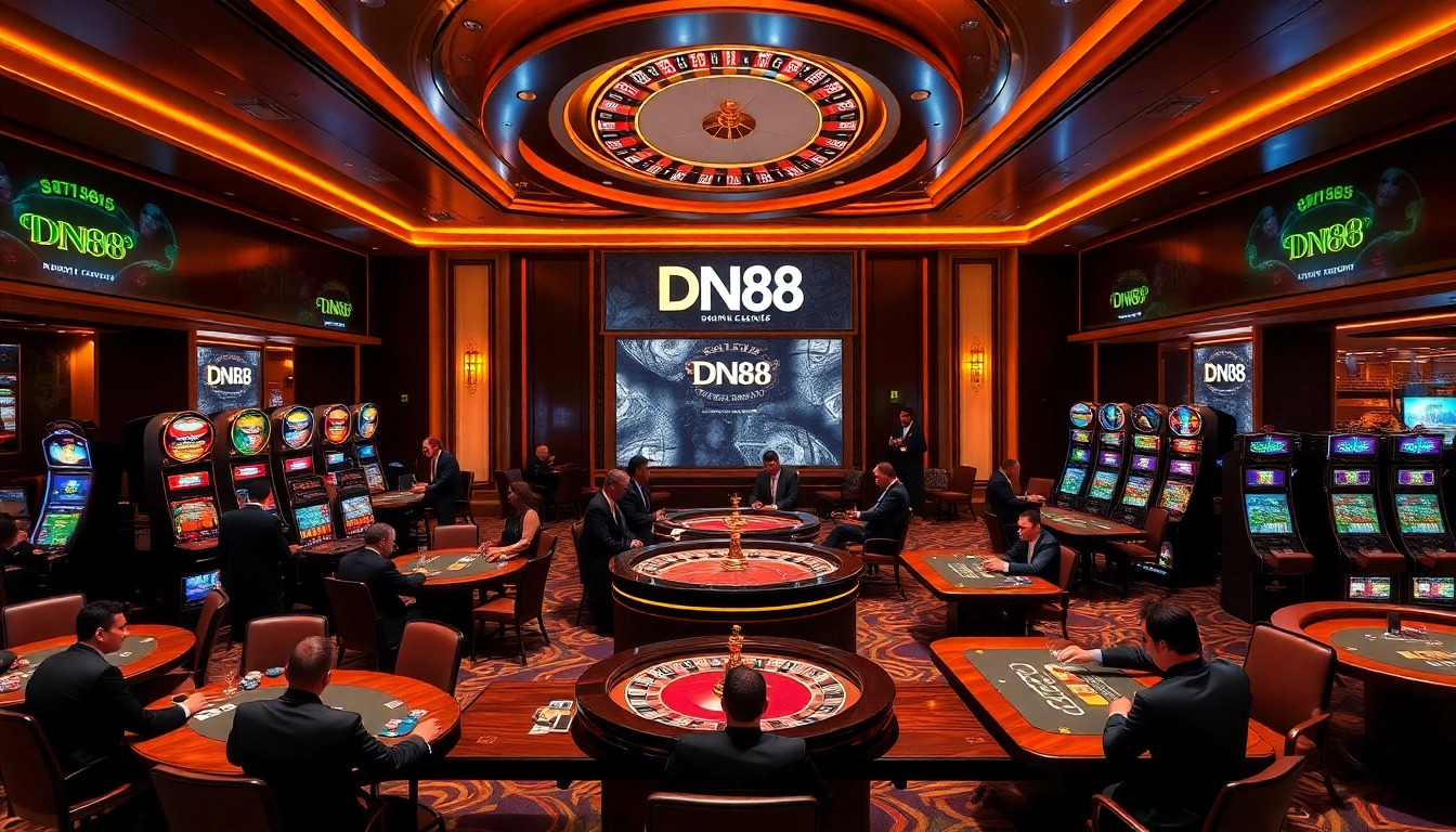 Luxury gamblers enjoying DN88 casino games at an elegant interior full of excitement.