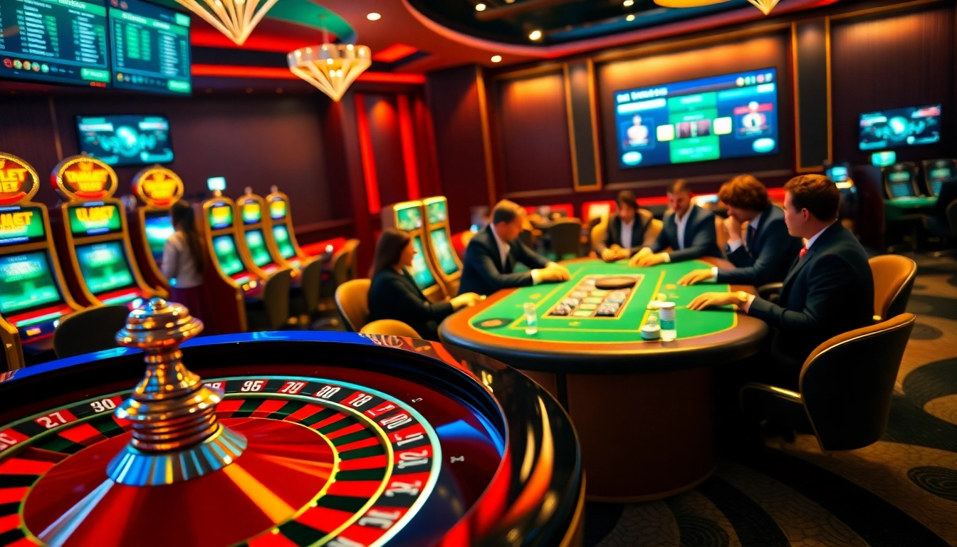 Immersive casino gameplay at nhà cái BL555 featuring poker, roulette, and vibrant slot machines.