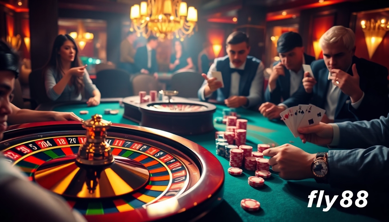 Experience the thrill of fly88 casino gaming with vibrant roulette and intense poker action.
