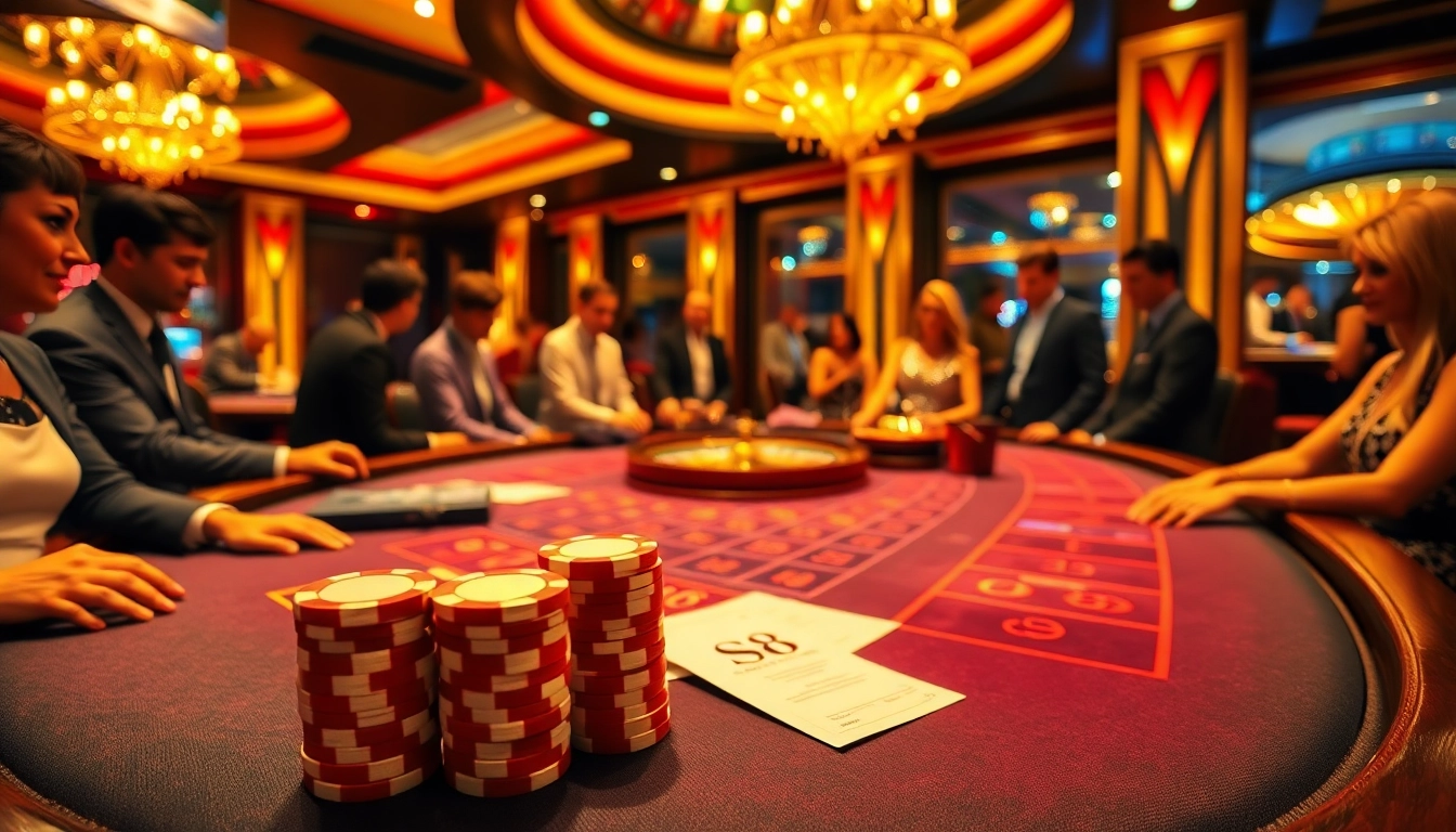 Players betting at a luxurious casino table, featuring S8 poker chips and a roulette wheel.