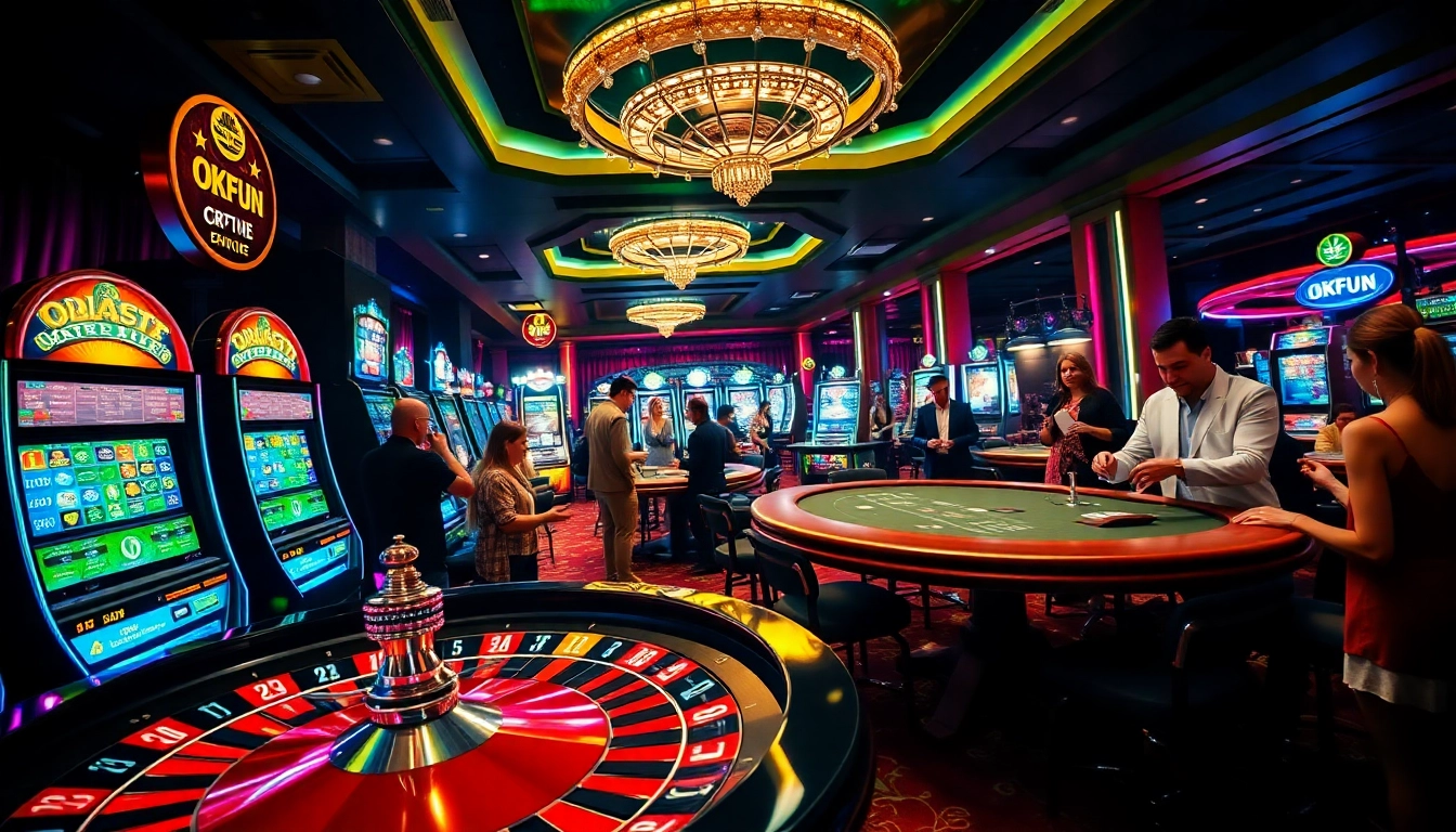 A captivating casino scene illustrating the diverse ways to liên hệ okfun for customer support, featuring poker tables and a bustling roulette wheel.