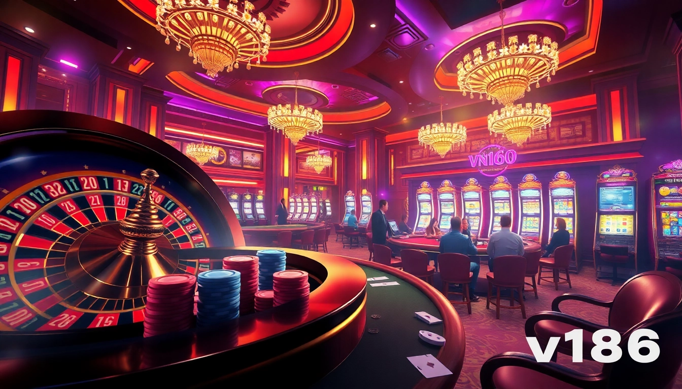 Experience the excitement of vn168 at a luxury casino with vibrant poker games and roulette wheels.