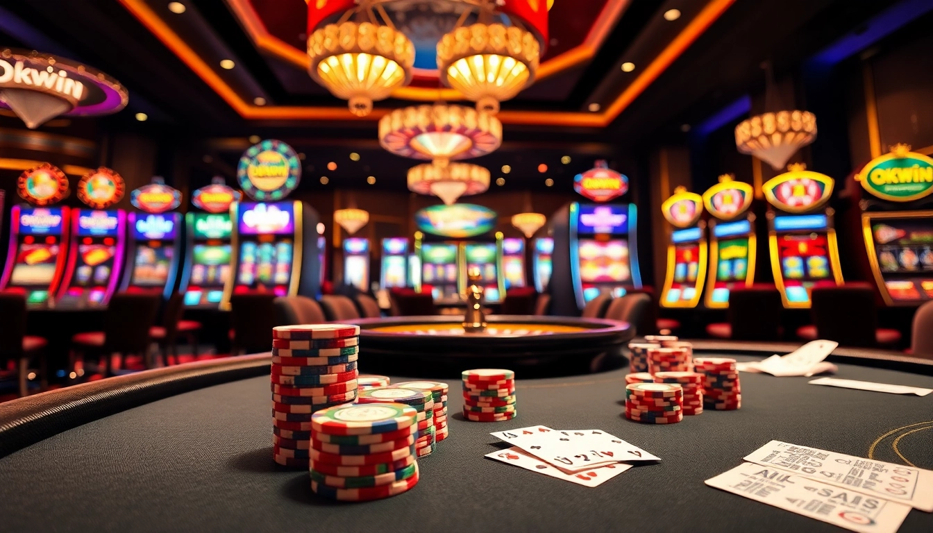 Experience the thrill of winning at OKWIN with vibrant casino tables and exciting poker action.