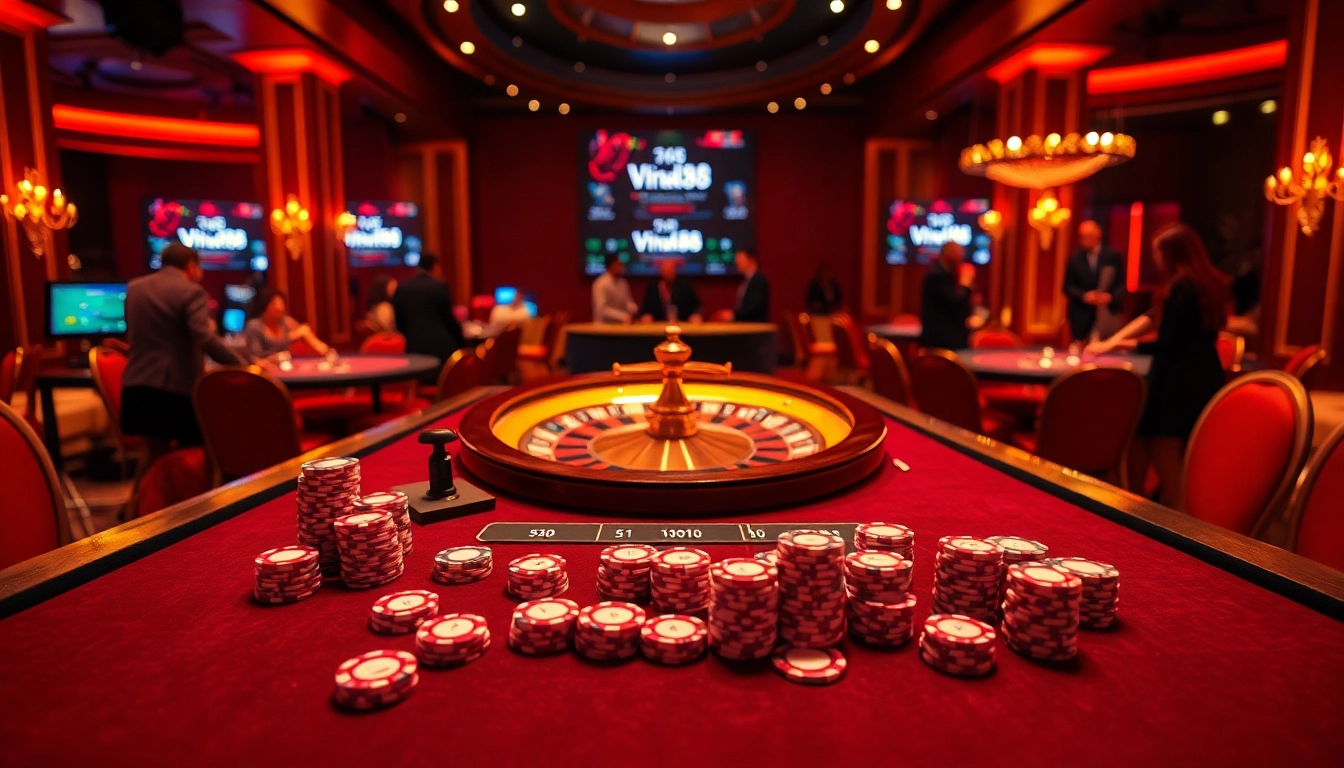 Experience the thrill of high-stakes gambling at viral88 with luxurious poker tables and vibrant chips.