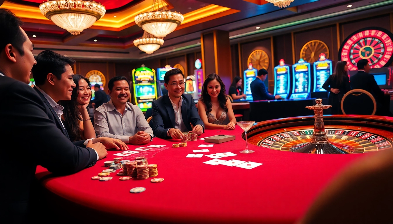 Gamblers enjoy an exciting experience at dn88's luxurious casino featuring colorful chips and tables.