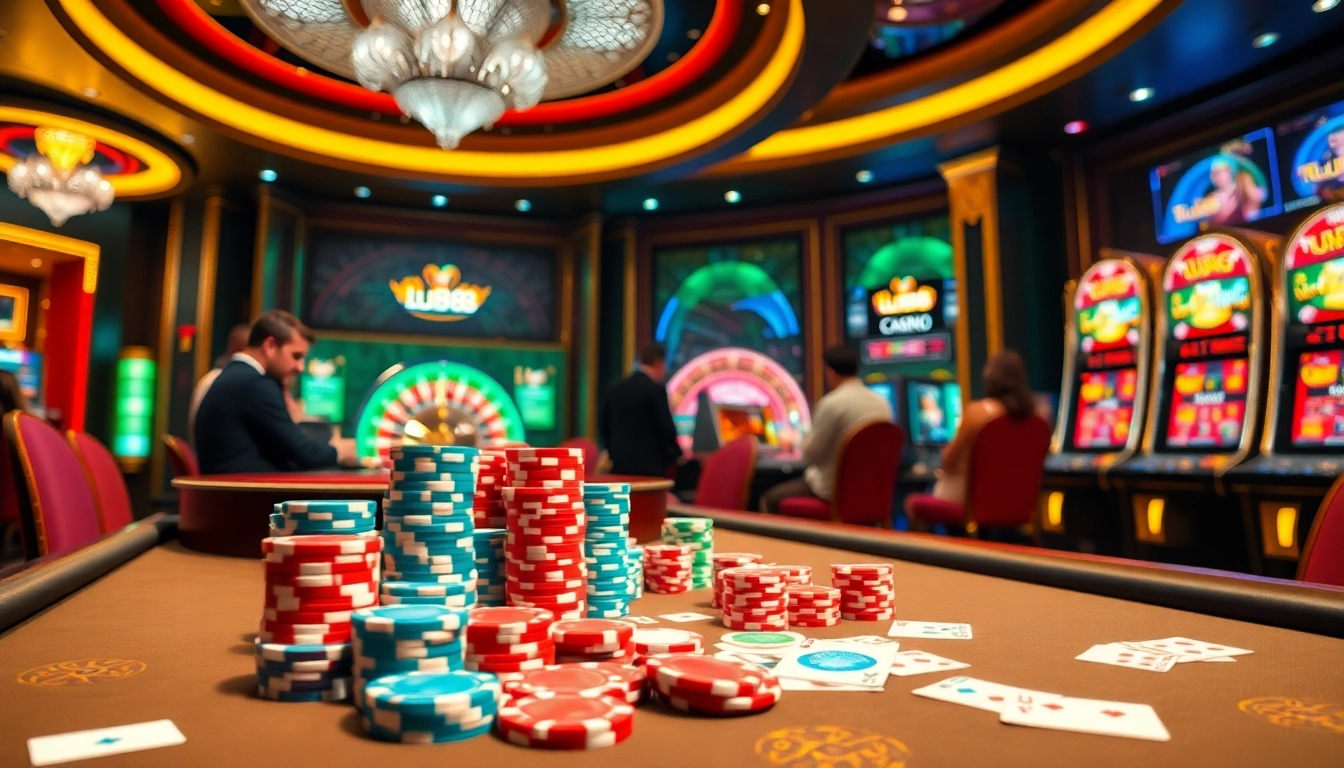 Experience thrilling gameplay at lu88's vibrant casino with poker chips and roulette wheel.