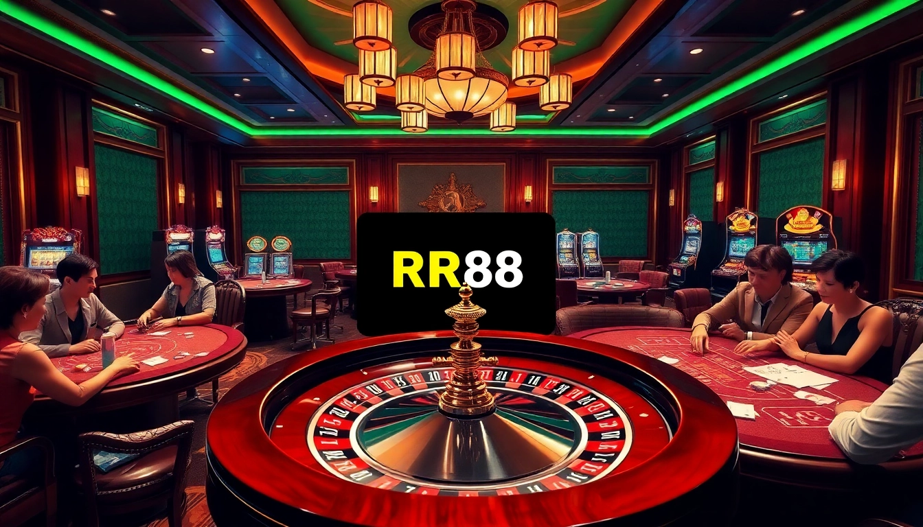 RR88 casino scene with vibrant roulette wheel, poker chips, and exciting gambling atmosphere.