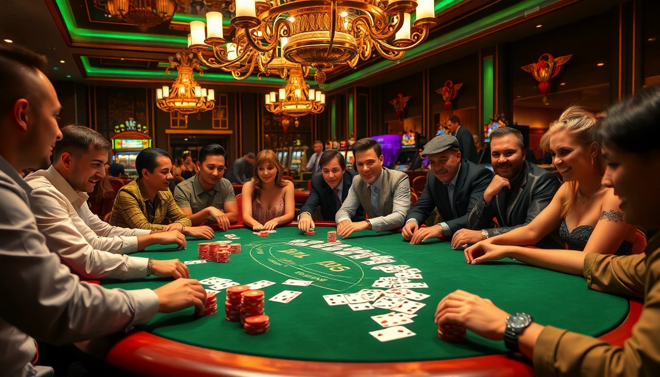 Players celebrating a win at nhà cái BL555 poker table in an elegant casino setting.