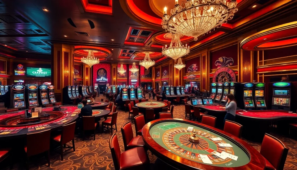 Players enjoying a vibrant casino scene at vaobet with poker tables and slot machines.