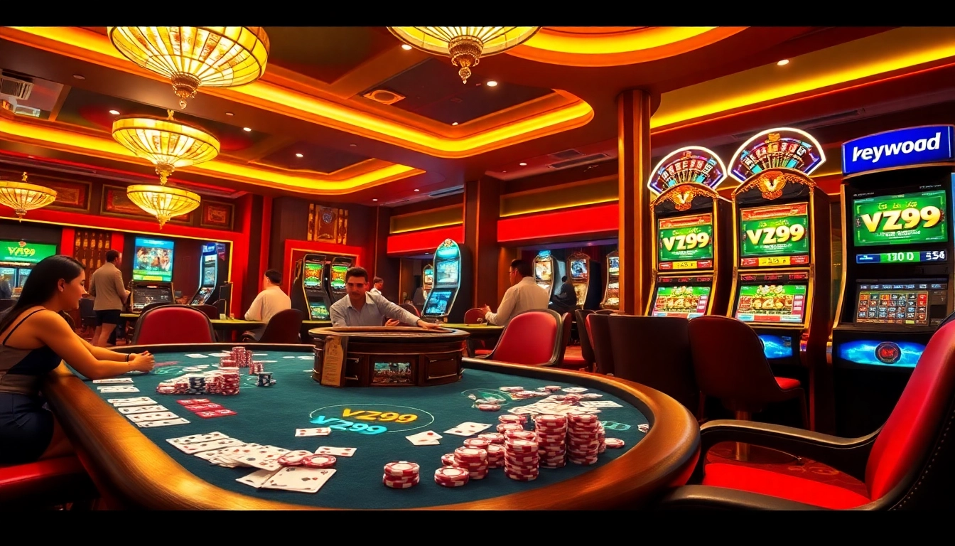 Engage with vibrant gaming action at vz99, featuring a stunning casino scene with poker chips and a roulette wheel.