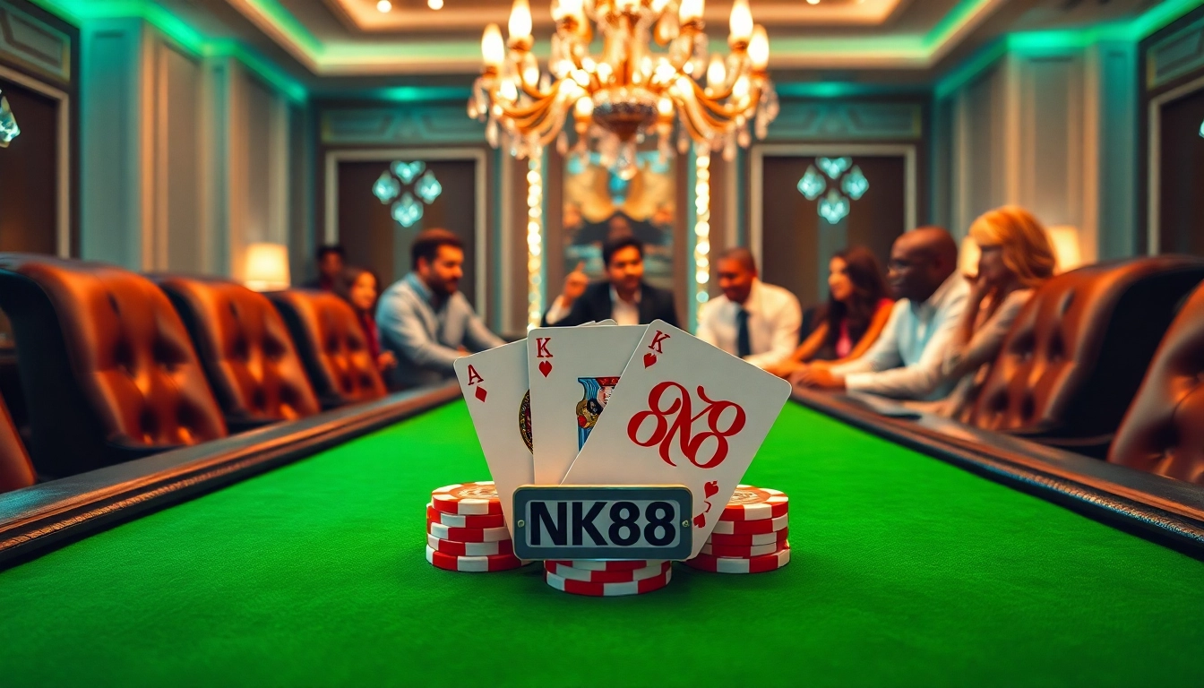 Players strategizing a poker game at a luxury table featuring the keyword NK88 prominently on chips.