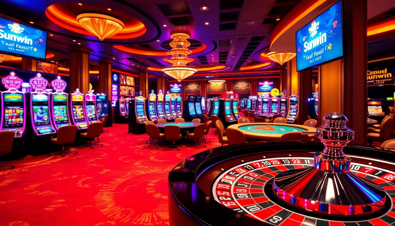 Experience the thrill of Sunwin gaming with luxurious casino tables and vibrant slot machines.