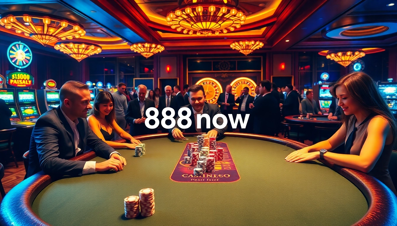 Players enjoying poker at 888now's luxurious casino with vibrant chips and roulette.