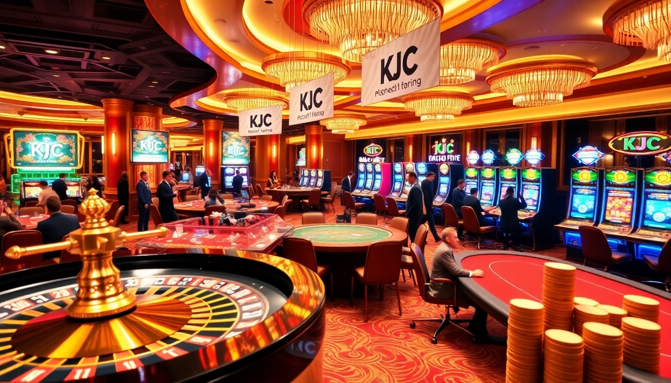Experience the thrill of gaming at a luxurious casino with KJC, showcasing tables filled with poker chips.