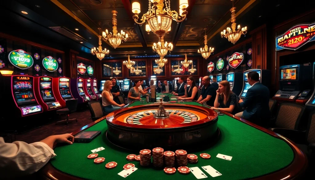 Experience the thrill of vb9 at an upscale casino, featuring roulette, poker chips, and vibrant slot machines.