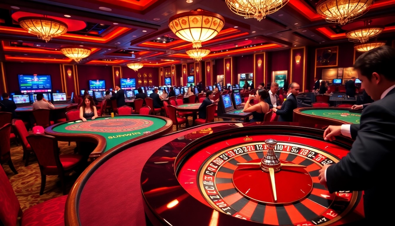 SUNWIN players enjoying an elegant casino experience with poker chips and a roulette wheel.