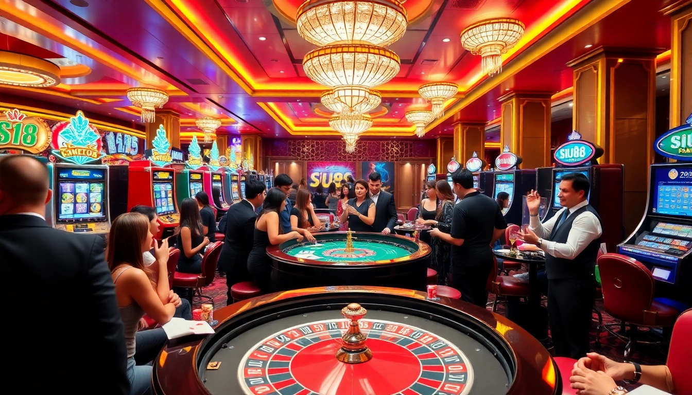 Siu88 Casino environment showcasing roulette, slot machines, and engaged players in a vibrant atmosphere.