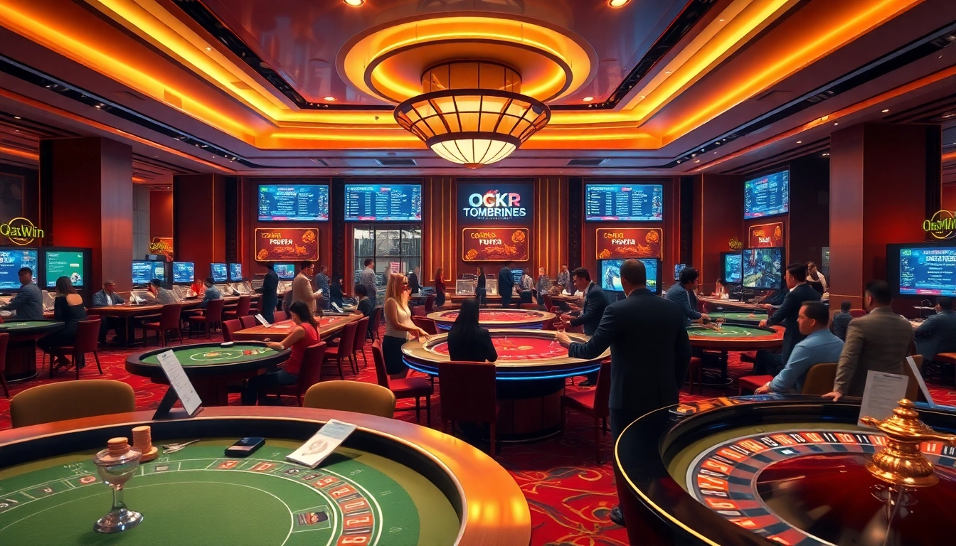 Exciting gaming scene at okvipwin.live casino with players enjoying Baccarat and Blackjack.