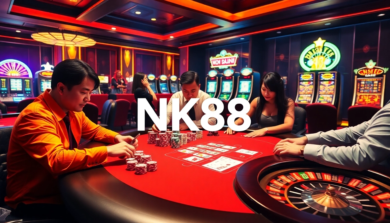 Players engage at a high-stakes poker table in a glamorous casino, highlighting NK88's thrilling gaming environment.
