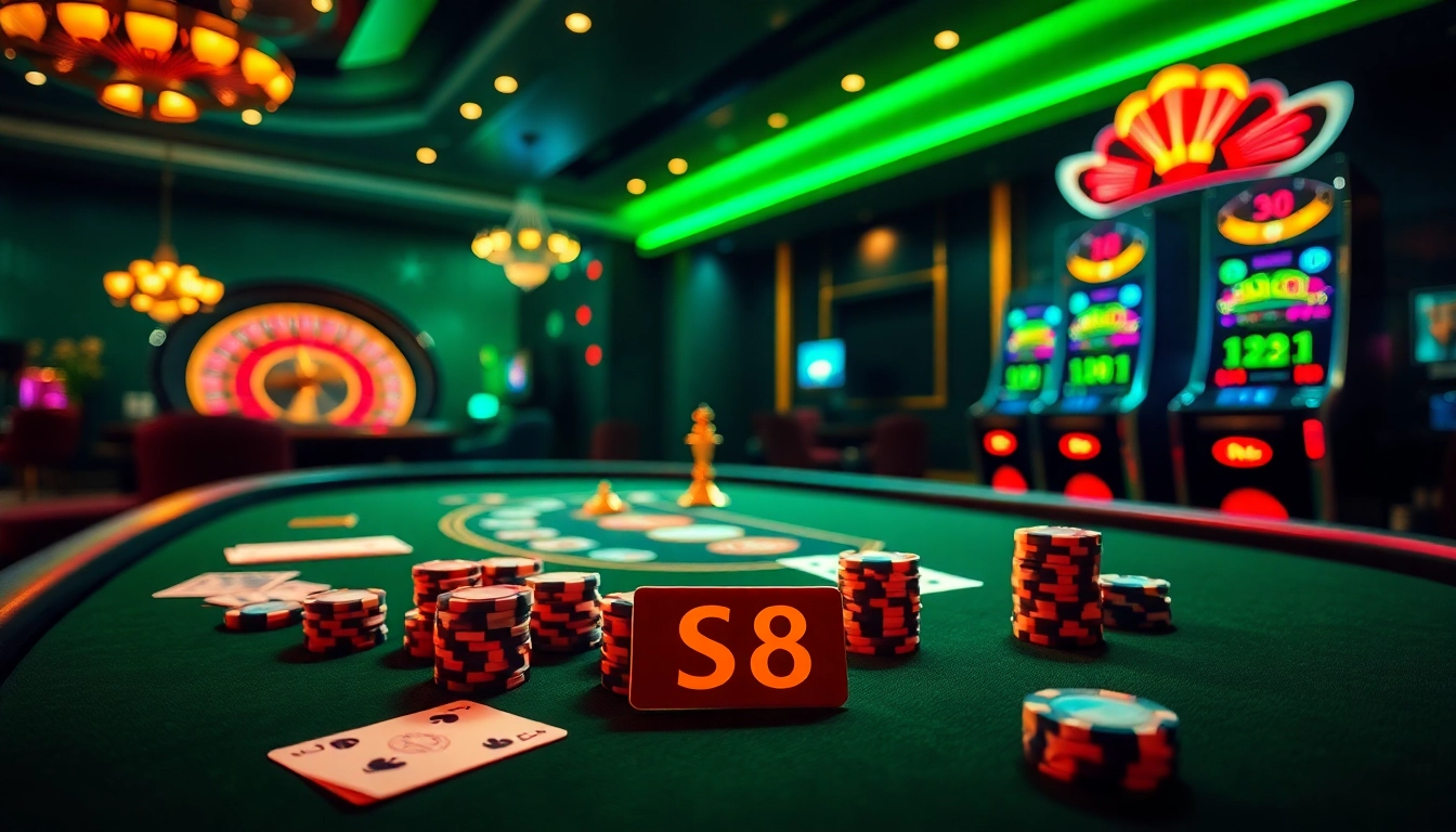Exciting poker setup featuring S8 chips and a roulette wheel for casino gamblers.