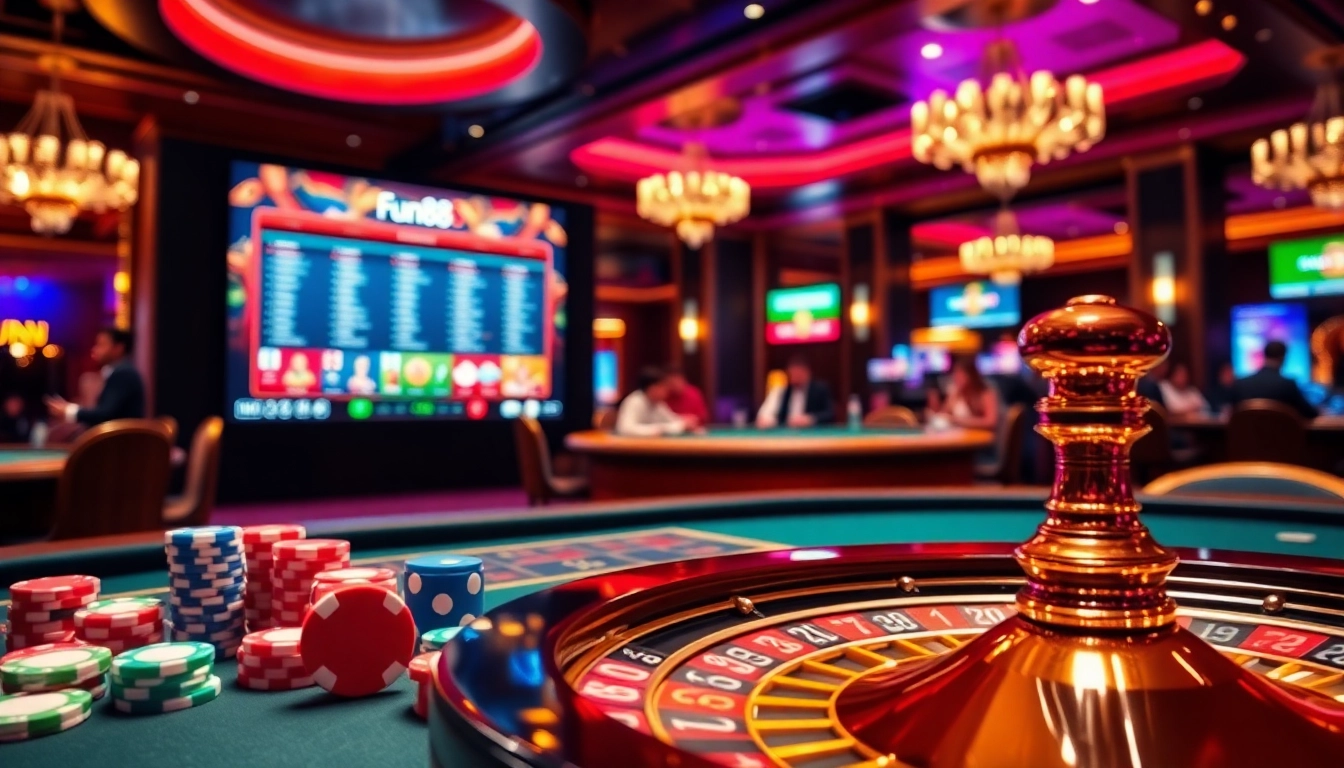 Engage in thrilling gameplay with Fun88 in a luxurious casino setting featuring vibrant poker chips and a roulette wheel.