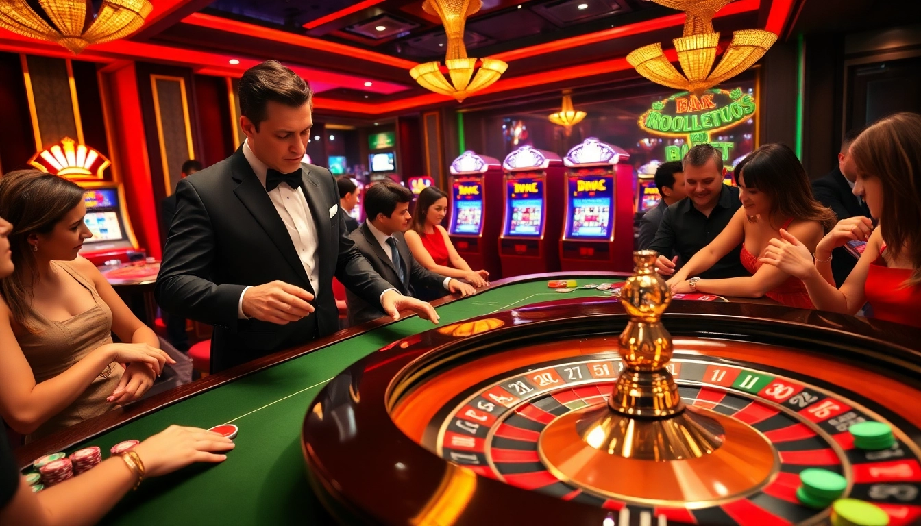 Good88 players enjoy an immersive roulette experience in a luxurious casino.