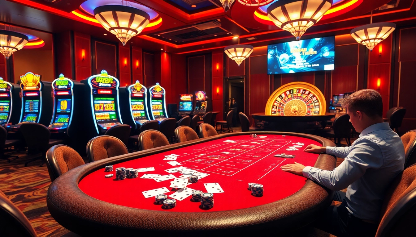 Lively casino scene with poker players and vibrant gaming elements at https://lixi88.run/ showcasing thrilling online gambling.