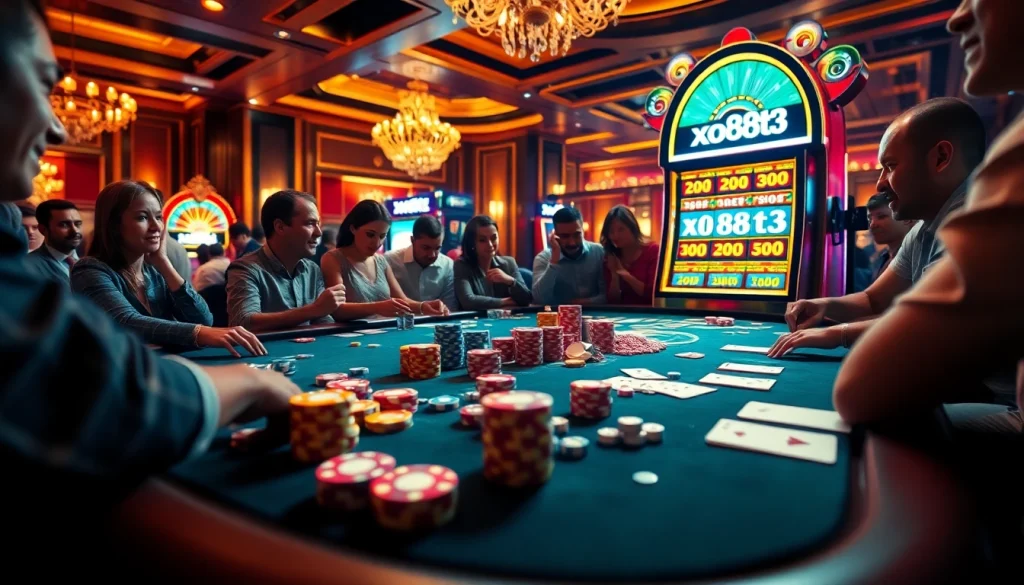Gamblers enjoying a thrilling moment at the casino table featuring xo88t3 elements.