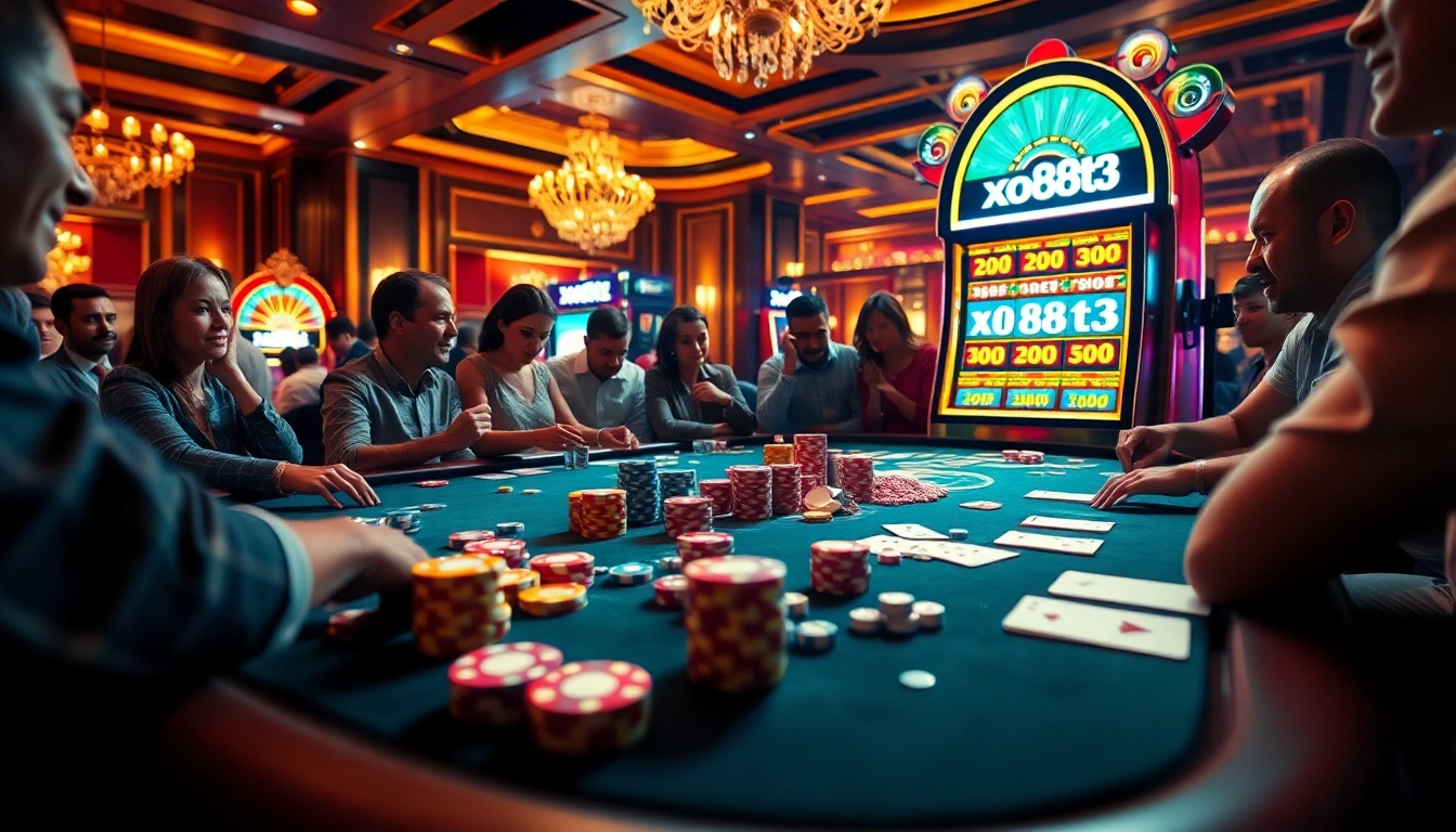 Gamblers enjoying a thrilling moment at the casino table featuring xo88t3 elements.