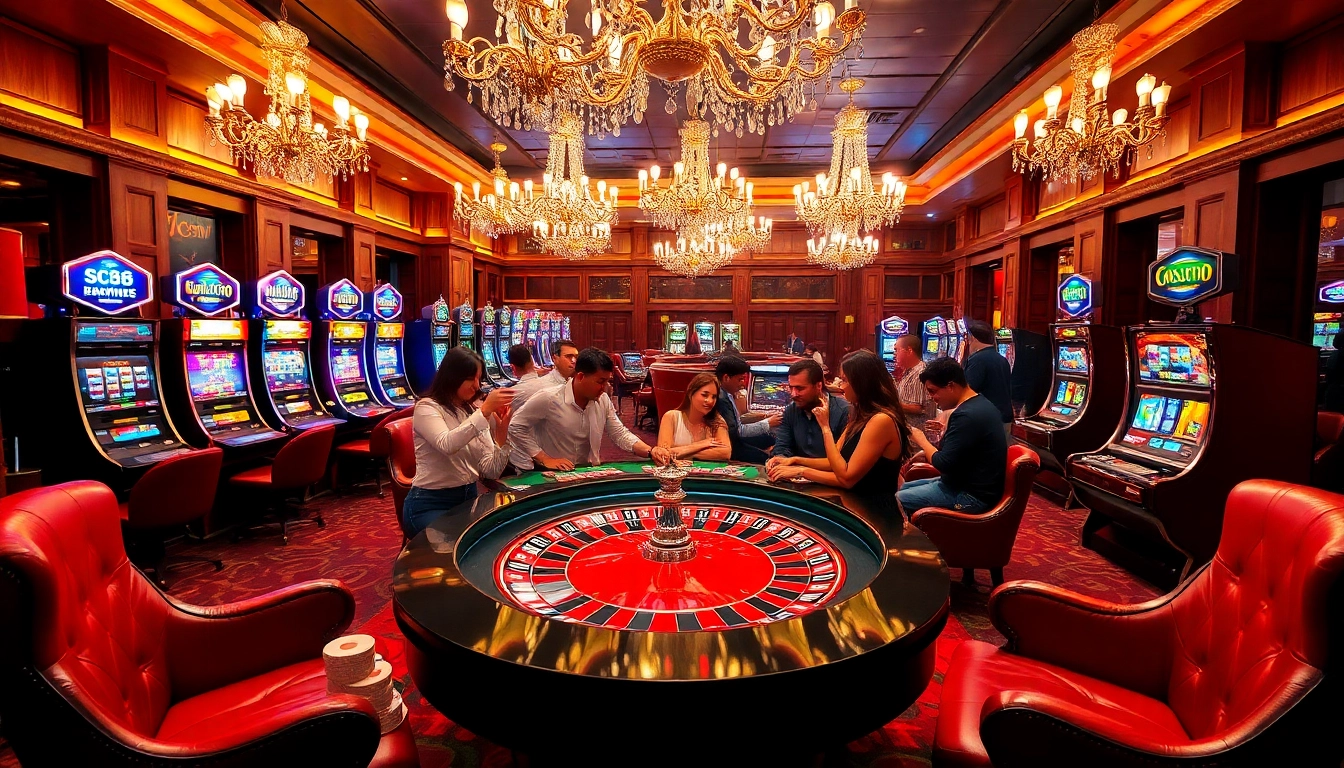 Players enjoying a roulette game at SC88 casino, surrounded by vibrant slot machines and luxurious decor.