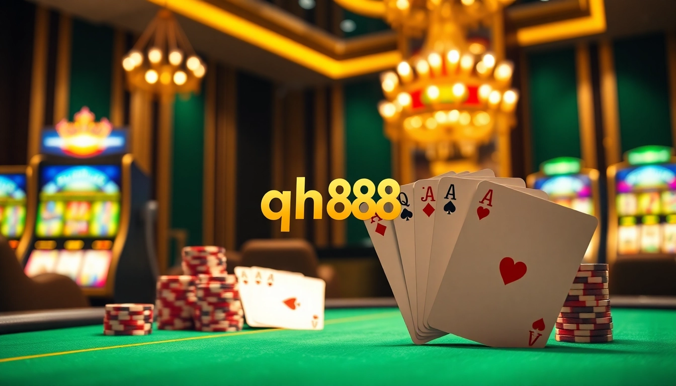 Experience excitement at qh88 with lavish poker chips and vibrant slot machines in a luxurious casino setting.